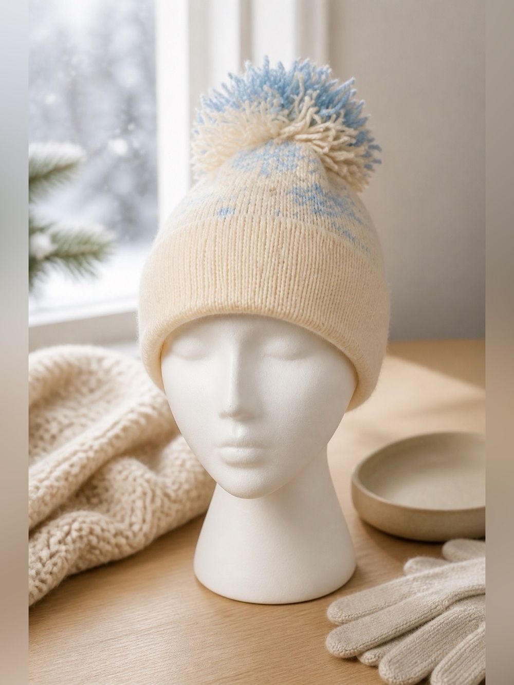VINTAGE WHITE WITH BLUE POM POM SKI HAT NY SNOWCAPS